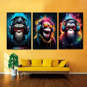3 Pieces Pop Street Art Monkey with Headphones DJ Music, Trendy Music Wall Mural, Dynamic Fashion Home Art, Street Style Gallery Decor, Rich Tone Poster, Wall Decor for Playroom and Music Room, Framed or Unframed.