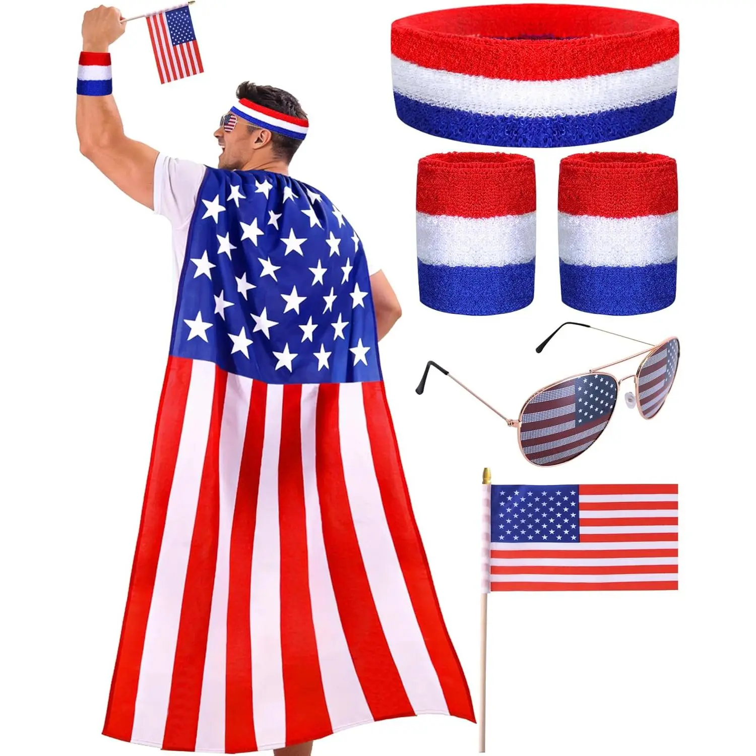 5 PCS American Flag Costume,4th of July Accessories USA Flag/Cape/Glasses/Headband,250th Anniversary USA Costume