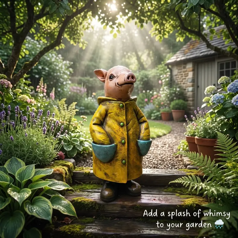 Upulipuli Whimsical Raincoat Pig Garden Statue, 8.77" Hand-Painted Resin Piggy Figurine, Cute Weatherproof Lawn Ornament Outdoor Yard Art, Indoor Outdoor Sculpture for Flower Bed Patio Porch Bookshelf, Unique Housewarming Garden Gift for Pig Lovers