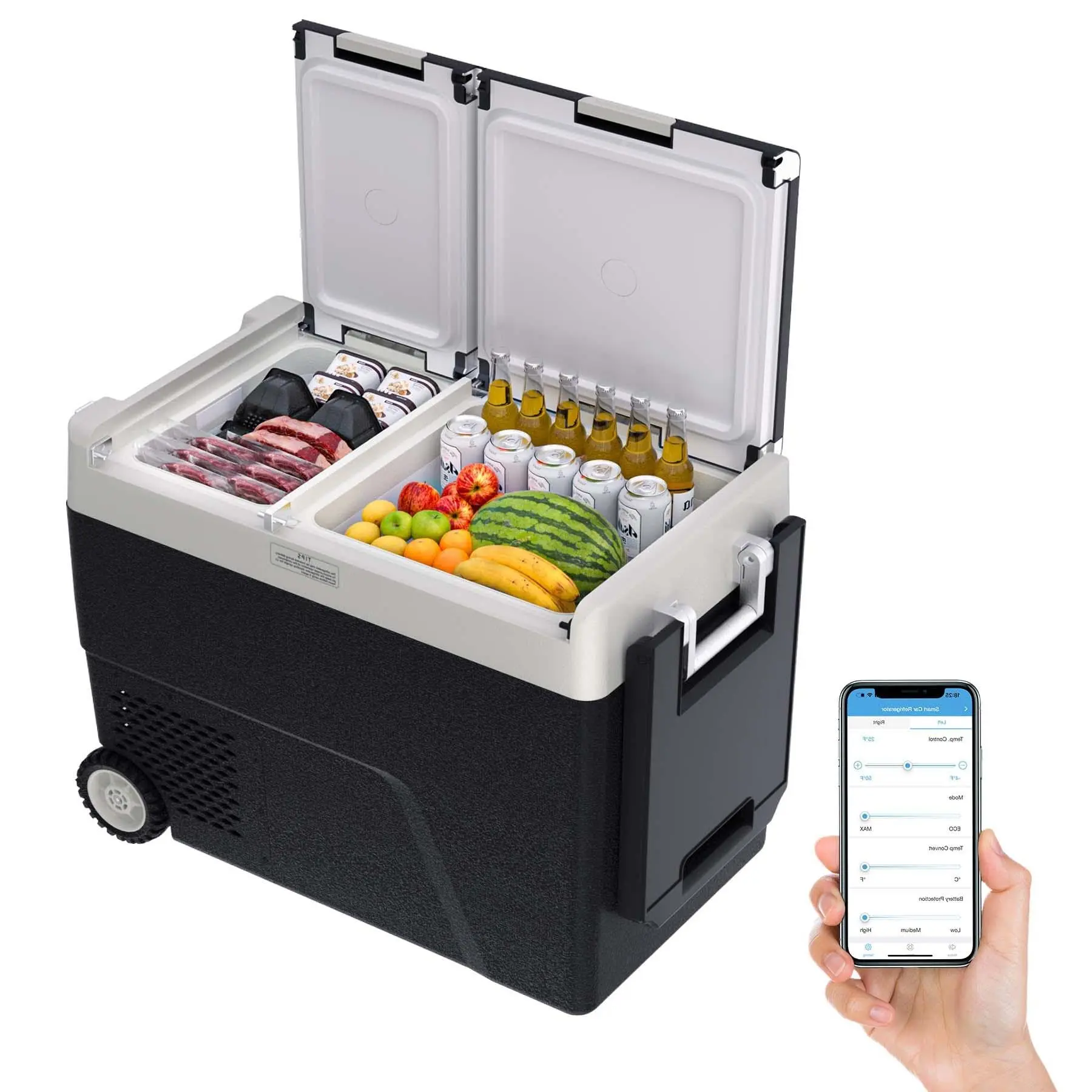 Gaomon Portable Car Refrigerator with Wheels, 12V/24V Dual Zone Compressor Fridge Freezer, App Control, AC/DC/Solar Powered, Battery Protection for Camping RV Truck Tailgating