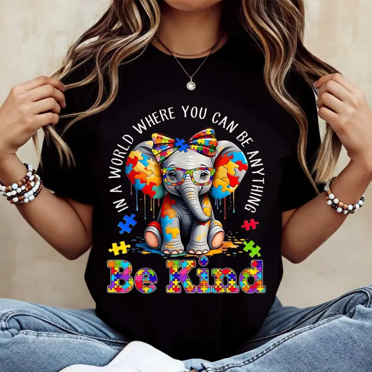 Women's 100% Cotton Short-Sleeve Fitted Round Neck T-Shirt, Elephant & Puzzle Pieces Print, "Be Kind" Graphic, Double Needle Stitching, Casual Wear for Girls, Animals, All Over Print, All Seasons, Crew Neck, Machine Washable, Shortsleeve, Top, Tshirt, Fit