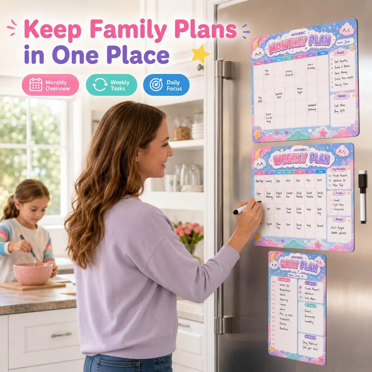 Auvirec 3-Piece Reusable Dry-Erase Calendar Set, Monthly Weekly Daily Planner, Home Office Kitchen Wall Organizer, Includes Erasable Marker