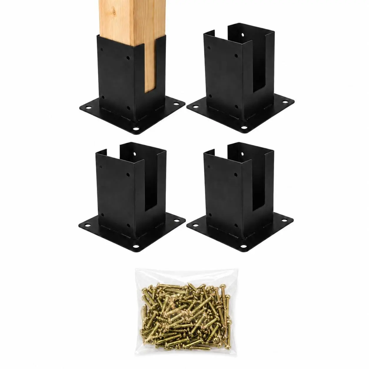 Heavy Duty 4x4 Post Base Kit with Pergola Brackets, 4 Solid Steel Post Anchors, 3-Way Right Angle Corner Brackets, Black Powder Coated Metal Deck Supports for Wood Fences, Mailboxes