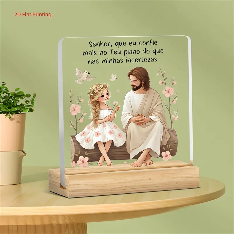 2D Flat, 1pc Jesus- Themed Acrylic Plaque with Wooden Base, 2D Flat Christian Desk Decor for Home Office or Prayer Room, Birthday Christmas Gift for Women, Religious Ornament, 2D Flat
