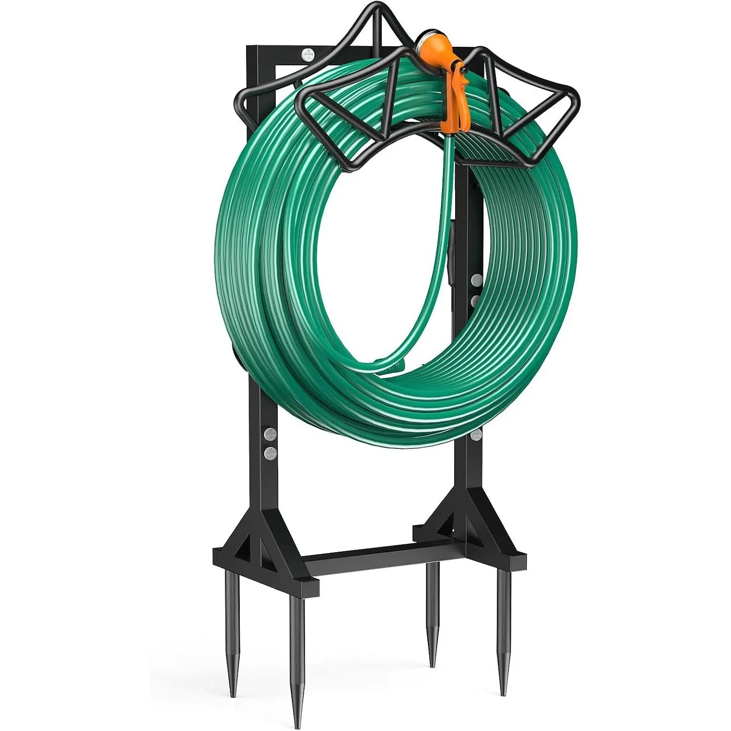 Heavy-Duty Freestanding Water Hose Holder for 160Ft Hoses - Rustproof Stand with 2 Tool Hooks & 4 Spikes, Easy Assembly Hanger Storage for Outdoor Yard, Lawn, Garden Organization
