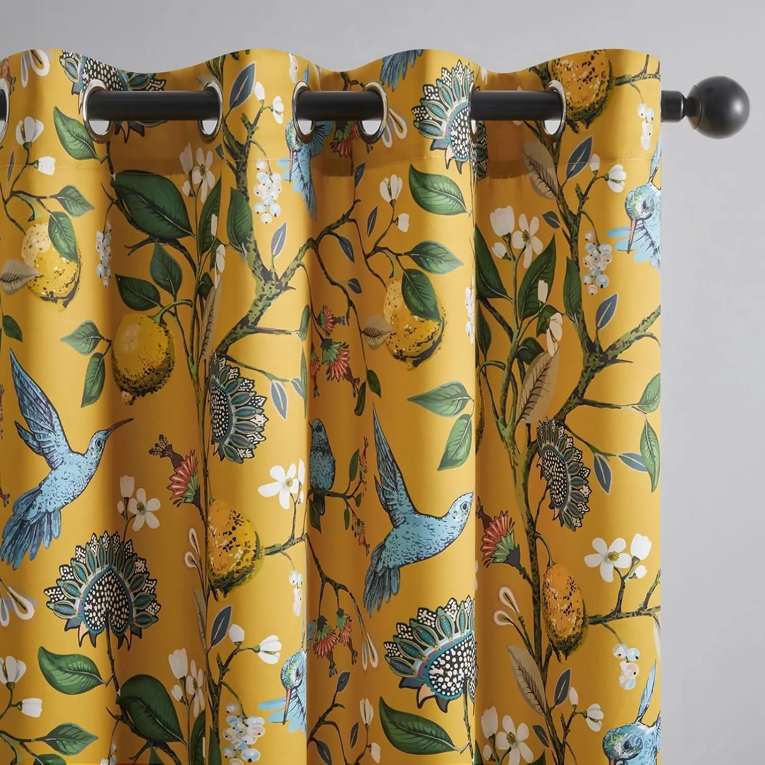 Mustard Yellow Vintage Curtains 84 Inches Long - Grommet Luxury Blackout Drapes with Whimsical Floral Lemon Hummingbird Pattern, Waverly Mid Century Colorful Design for Living Room Bedroom