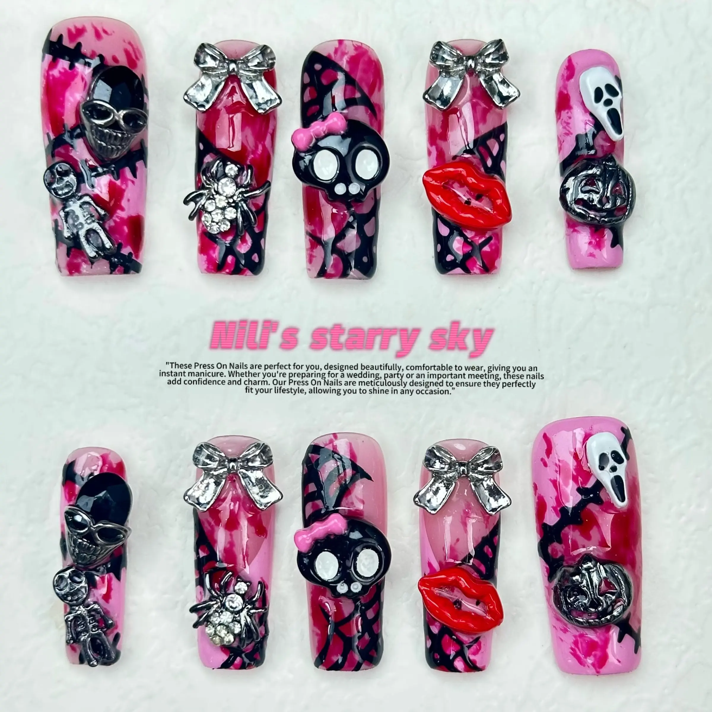 10Pcs Pink Blood Stain Square Press On Nails, Halloween 3D Skull Ghost Spider Bow Red Lips Metal Charms Fake Nails, Decorative Nails, Come With Jelly Glue Tabs & Nail File, For Halloween Party Gothic Punk Daily Cosplay, Viral Handmade Y2K Dark Manicure