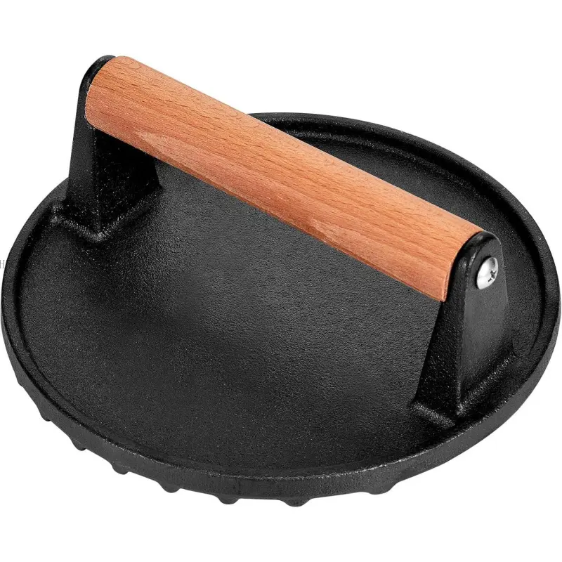 Smashed Burger Press - 7" Round Heavy-Duty Cast Iron Meat Steak Press with Wooden Handle for Blackstone Griddle, BBQs, Cookouts