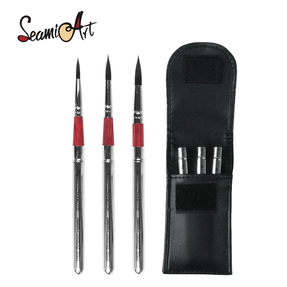 SeamiArt 3-Piece Detail Paint Brushes Set with Leather Case - Retractable Rosewood Handle Fine-Tip Brushes for Watercolor, Miniature Painting, Art Supplies campingessentials