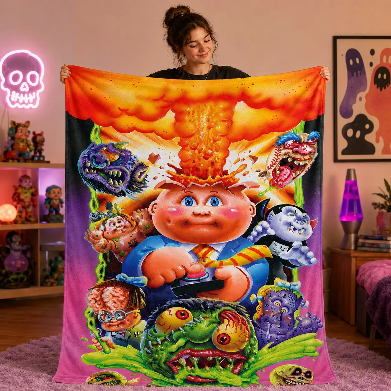 1pc American Weird Cartoon Fleece Blanket, Explosive Hair Doll, Zombie Monsters, Vampire, Graffiti Skull & Green Slime Print, Retro Bizarre Style. Soft Warm Multi-use Throw for Sofa, Bed, Office, Camping, Perfect Halloween & Weird Art Lover Gift.