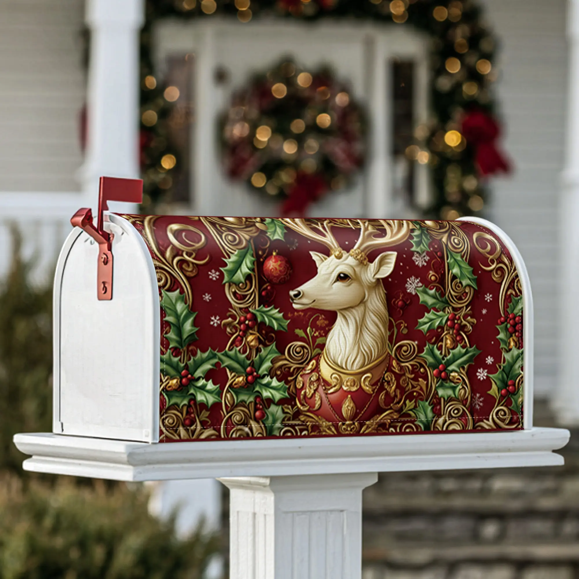 reindeer Magnetic Mailbox Covers, Christmas festive holly ornament Christmas red Seasonal Mailbox Cover for Garden Yard Decor