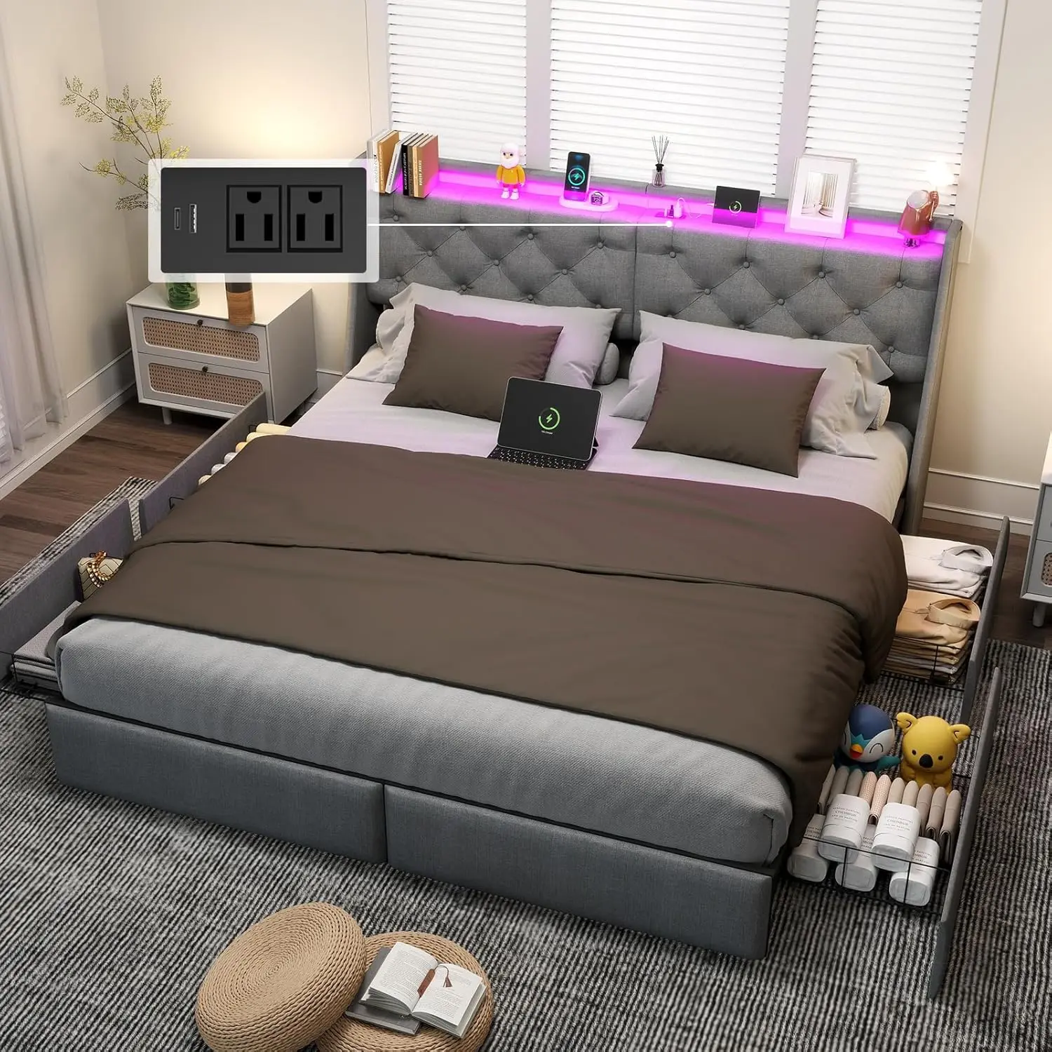 King Size Bed Frame with LED Lights and Charging Station, Upholstered Platform Bed with Storage Headboard and 4 Drawers, Metal Slat Support, Noise-Free, No Box Spring Needed, Easy Assembly, Gray 88"L x 79"W x 42"H