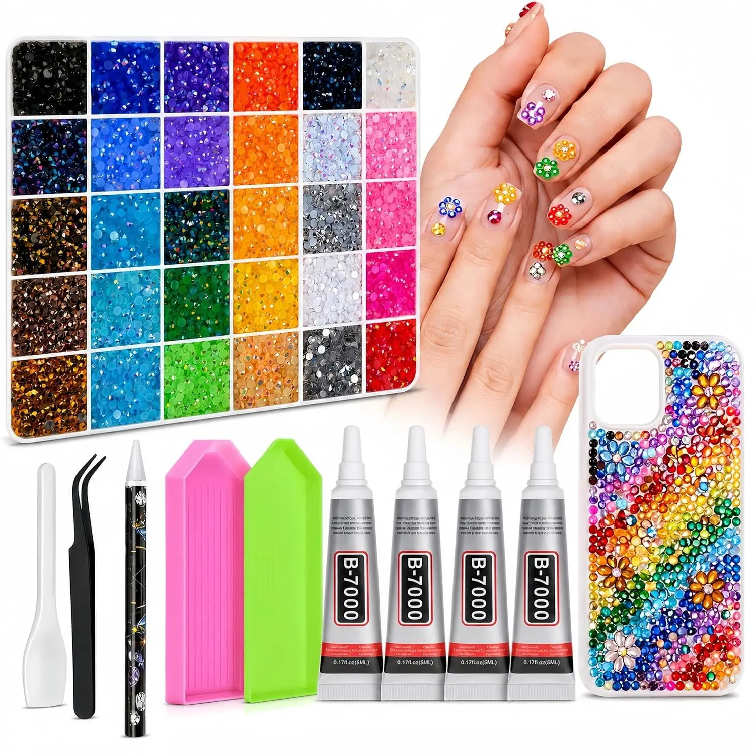 36000Pcs Rhinestones Bedazzling Kit, 30 Colors 3mm Flatback Resin Bedazzler Gems with 4Pcs 10ml B7000 Jewelry Glue for Bedazzled Thing Diamond Art Book Crafting Nail Kit