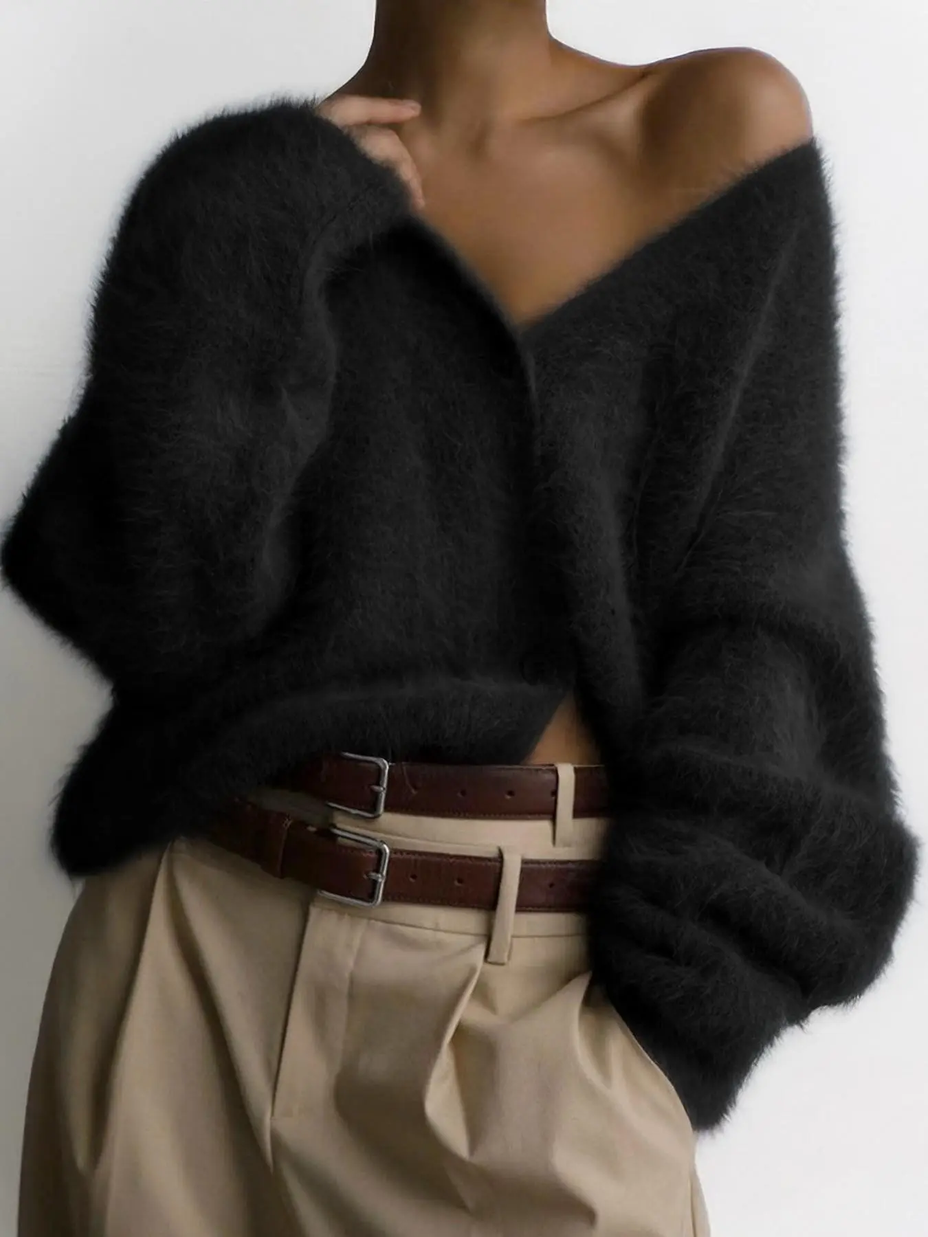 Women's Elegant Solid Color V Neck Long Sleeve Faux Fur Button-Up Loose Oversized Cardigan, Slouchy Fall & Winter Cozy Outerwear for Women#TikTokMadeMeBuyIt #ComfyOutfit#CasualChic