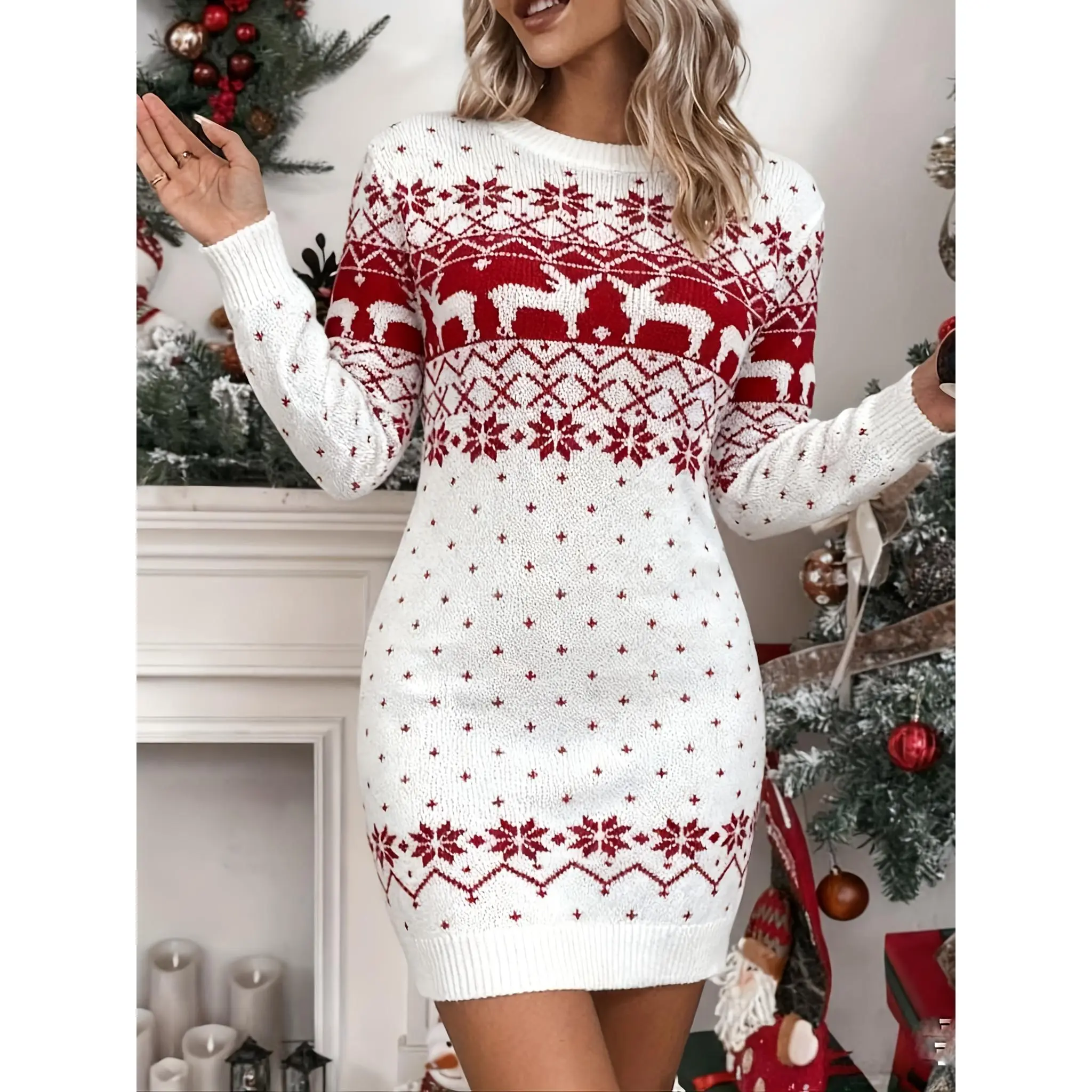 Christmas Reindeer and Geography Pattern Sweater Dress