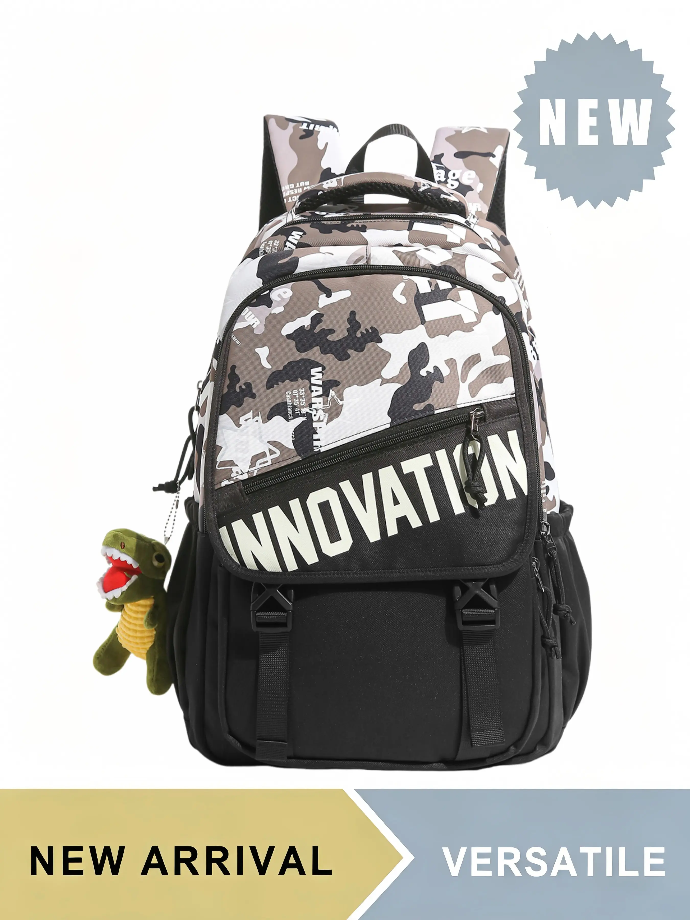 Water Resistant Camouflage Laptop Backpack with Dinosaur Pendant, Casual Letter Print Daypack with Side Pockets, Large Capacity Lightweight School Bag for Teens, Multiple Colors Available, Ideal for Daily School Travel Hiking Picnic Outdoor Activities