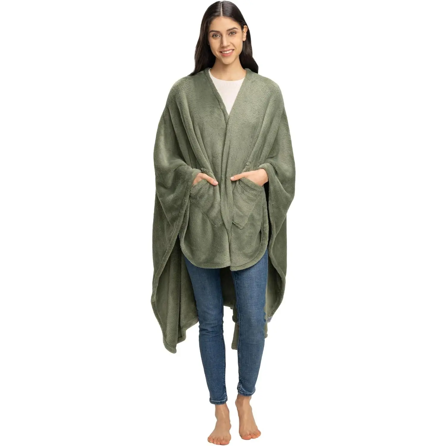 Primalush ™   Wearable Blanket, Cozy Loungewear Pocketed Plush Cape Wrap for Adults & Teens(Dark Sage, One Size 58"X64")
