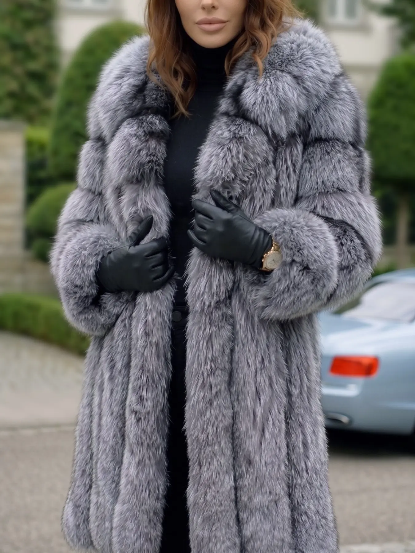 Women's Hooded Mid‑Length Luxe Plush Faux Fur Coat, Fall Winter Trendy Outerwear for Festival & Street Looks