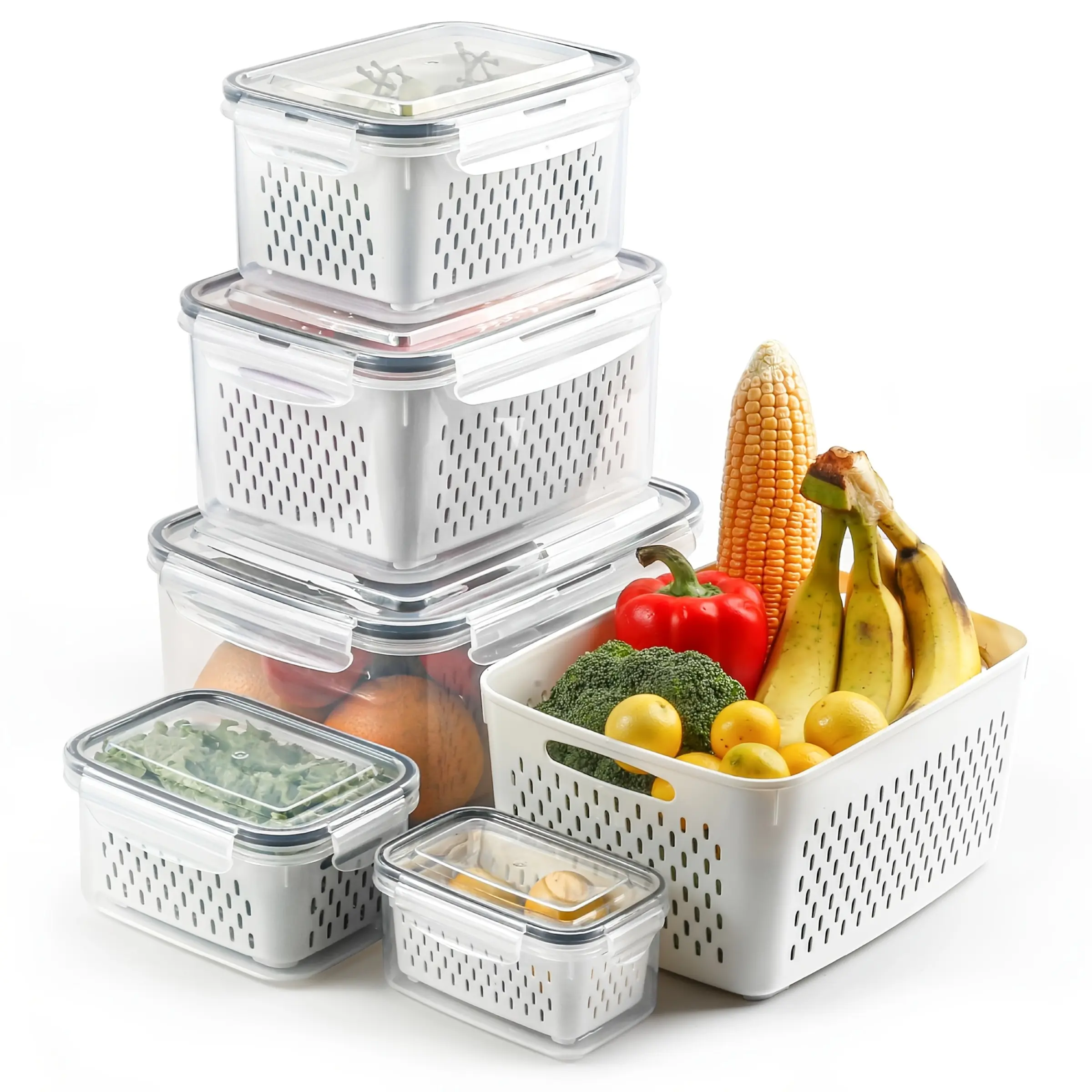 5 PCS Fruit Storage Containers for Fridge with Colanders Dishwasher Safe, Leakproof Fruit and Vegetable Storage BPA-Free Plastic, Produce Storage Keep Berry Fruit Veggie Meat Fresh Food Storage Container