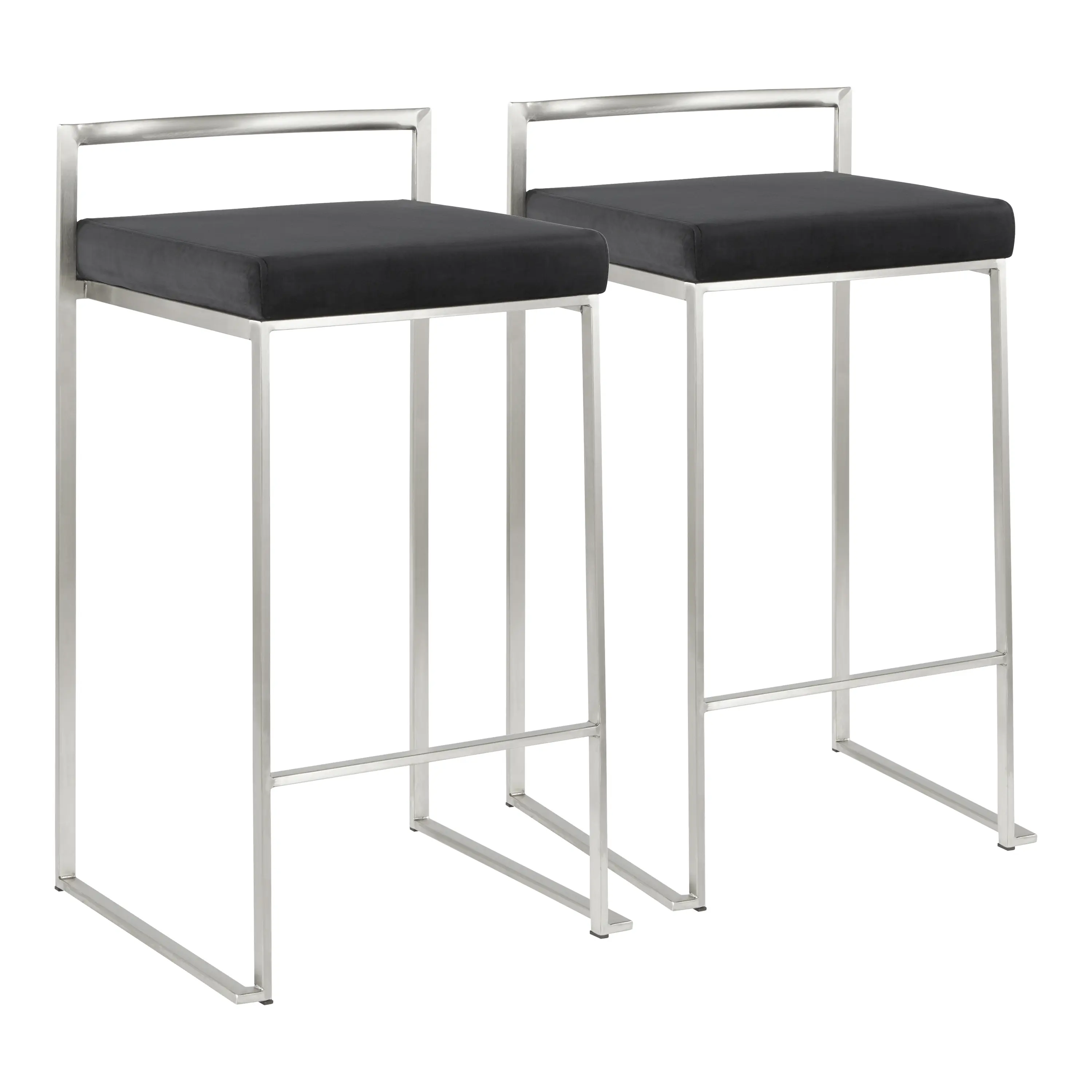 Nokaa Contemporary Stackable Counter Stool Set of 2 – Black Velvet Cushion, Stainless Steel Frame, Fixed Counter Height Bar Stools for Kitchen Island, Home Bar, Dining Room, Indoor Seating, Multiple Color Options Available