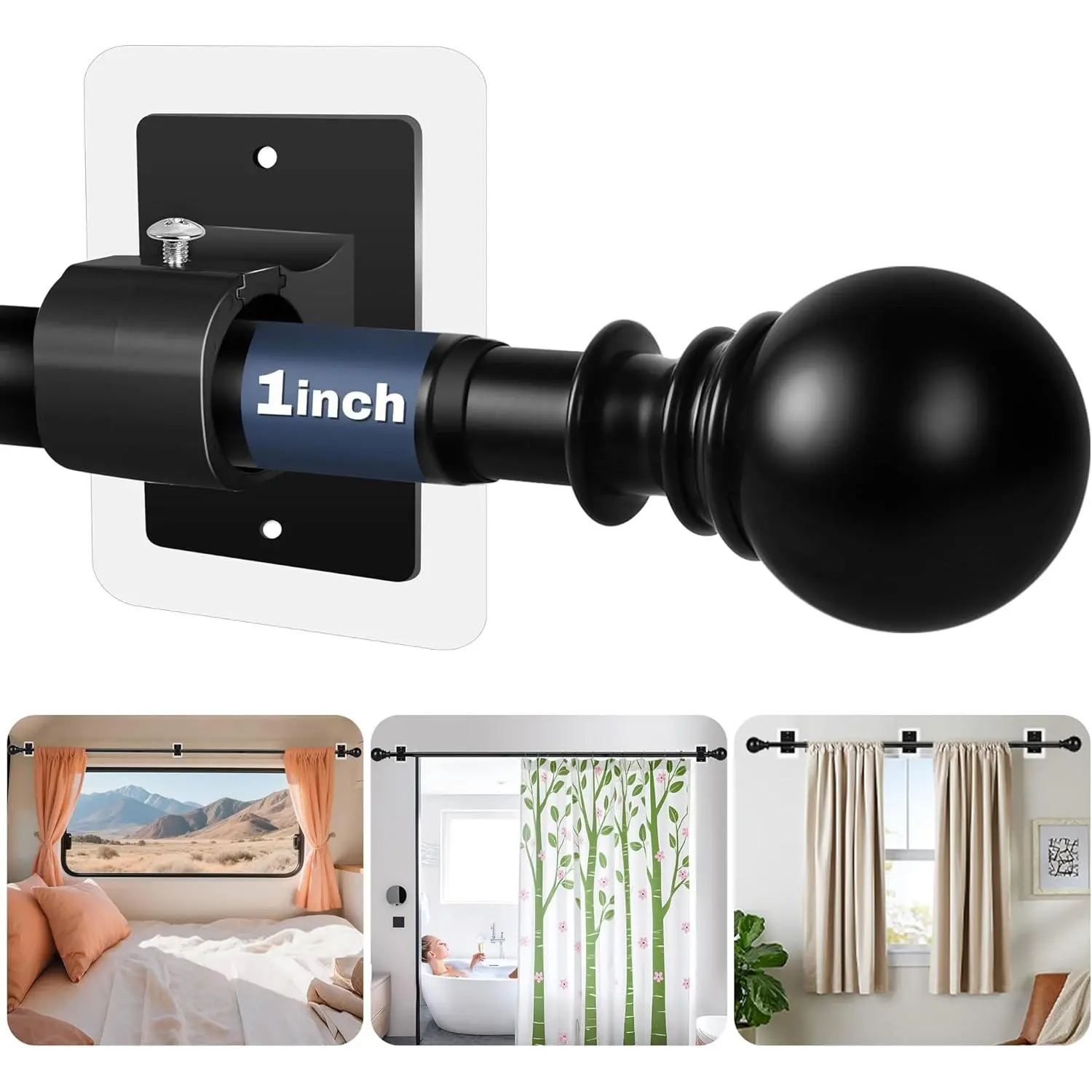 Adjustable 1 in Diameter Renter-Friendly No-Drill Curtain Rod, Screwless Stick-On Bracket Dual Installation Curtain Poles & Tracks for 27-56 in Apartment Windows, Living Room Home Decor Accessory