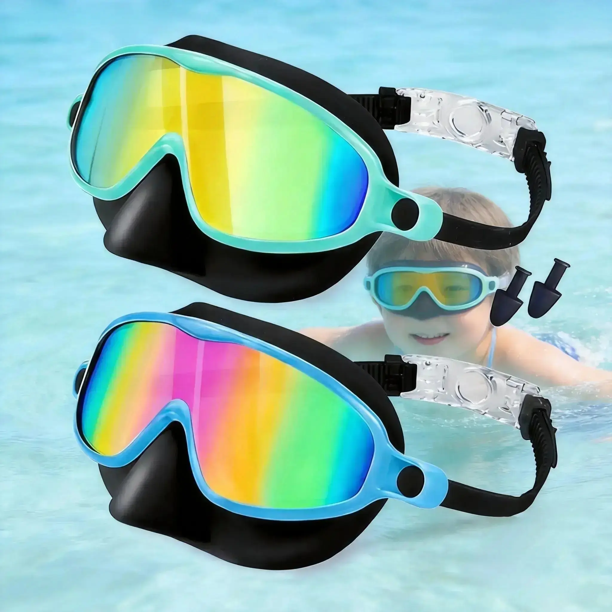 XUH 2-Pack Rainbow Mirrored Swimming Goggles for Kids & Adults, Silicone UV Protective Swim Mask with Nose Cover, Anti-Fog & Leak-Proof, Swimming Accessories, Uv Protective Goggles, Splash Swim Goggles, Adjustable Strap