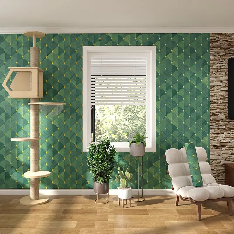 40cm*300cm(15.75in*118.11in), 1 roll, extra thick peel and stick wallpaper, green leaf vinyl wallpaper,  removable and easy to clean, suitable for living room, bedroom, and bathroom walls.