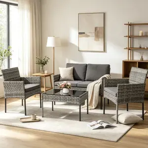 Bestselling Home Furniture Supplies 4 Piece Patio Furniture Set, Outdoor PE Rattan Conversation Set with Washable Cushions & Tempered Glass Tabletop, Matching Wicker Chairs, Sofa, and Coffee Table,  Porch, Garden, Balcony (Grey),summerwins summergarden