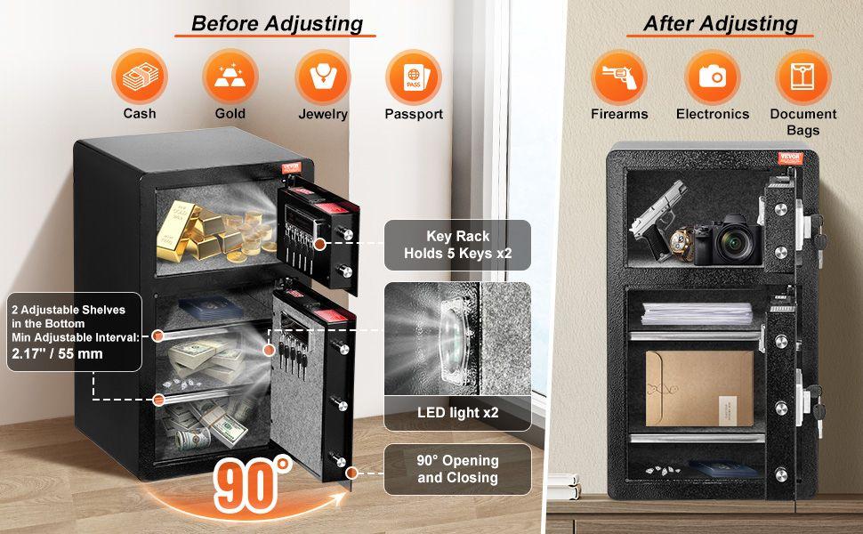 VEVOR Double Door 4.5 cu.ft Safe Box with Key Lock Password Fireproof Bag Black,organize cash, passports, jewelry, gold, watches and documents
