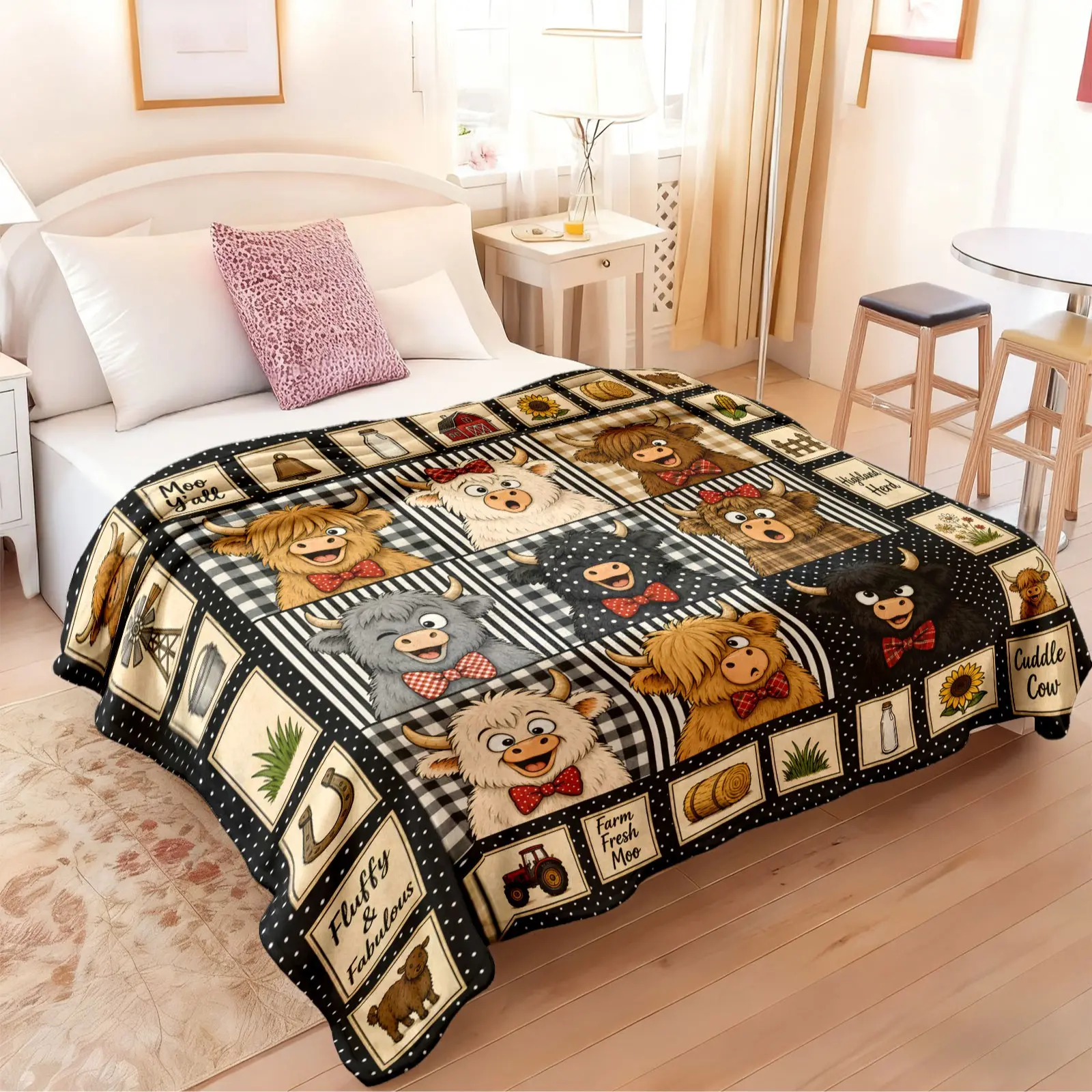 Plaid Patch Highland Cow Throw Blanket, Cute Bow Fluffy Design, Soft Light Flannel, Ideal for Bedroom & Travel, Perfect Gift for Highland Cow Fans