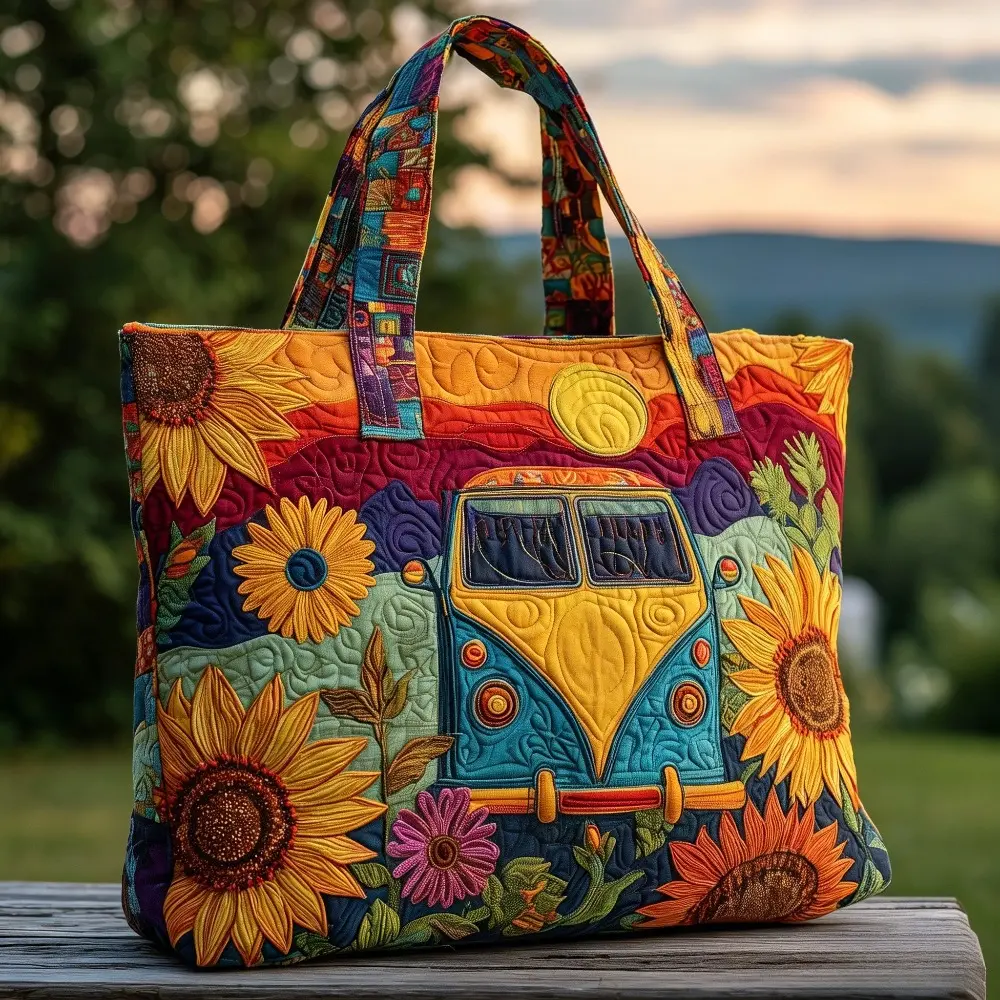 Polyester Bohemian Casual Tote Bag - Floral Bus Sunflower Motif, Unisex idry Pastel Gym Bag for Everyday Light Travel & Everyday Use