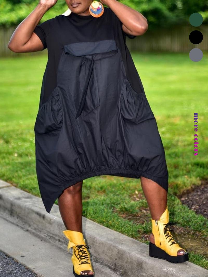 Women's Leather Patchwork Pocket Dress, Vintage Casual Style, Short Sleeve Midi Dress, Loose-Fitting Plain Design, Perfect for Everyday Wear