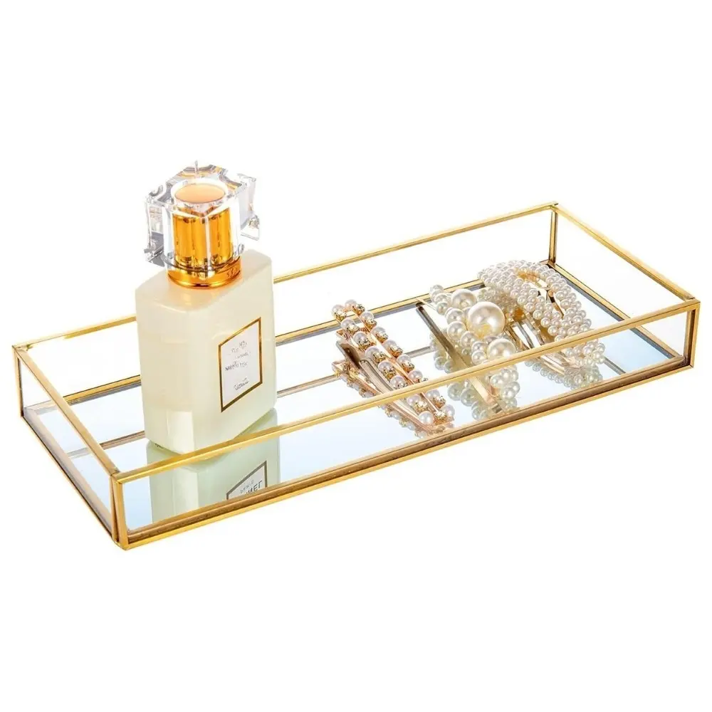 Gold Glass Perfume Tray, Rectangular Vanity Organizer for Jewelry, Makeup, Skincare and Bathroom Counter Storage 1pc/2pcs