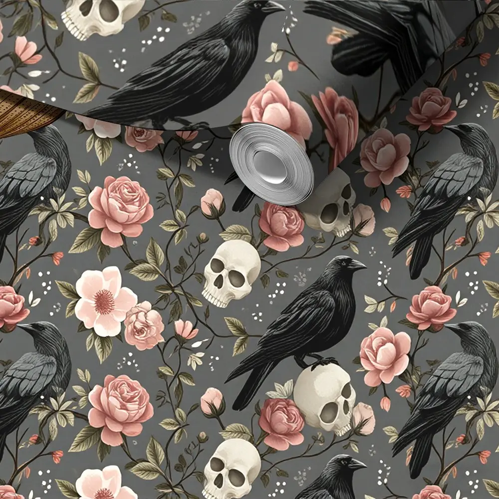 Gothic Floral Wallpaper, Raven Skull Rose Design, Peel and Stick Wallpaper Designs, Ideal for Bathroom, Bedroom, Living Room, Halloween & Wedding Decor, Anti Mould Wallpaper