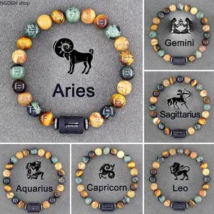 Zodiac Beaded Bracelet Men Women - Trendy Tiger Eye Multi Color Stone Stretch with Constellation Charm, Bold Astrology Design, Comfort Fit Everyday Jewelry Perfect for Daily Wear Party & Personalized Horoscope Style summerwins