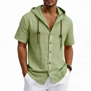 Short Sleeve Hooded Button Shirt for Men, Wrinkle Crinkle Lightweight Performance Fabric, Contrast Olive Knit Drawstring Hood, Full Button Front Placket, Lapel Collar Relaxed Fit Hooded Top for Summer Beach Resort Vacation Casual Outfits