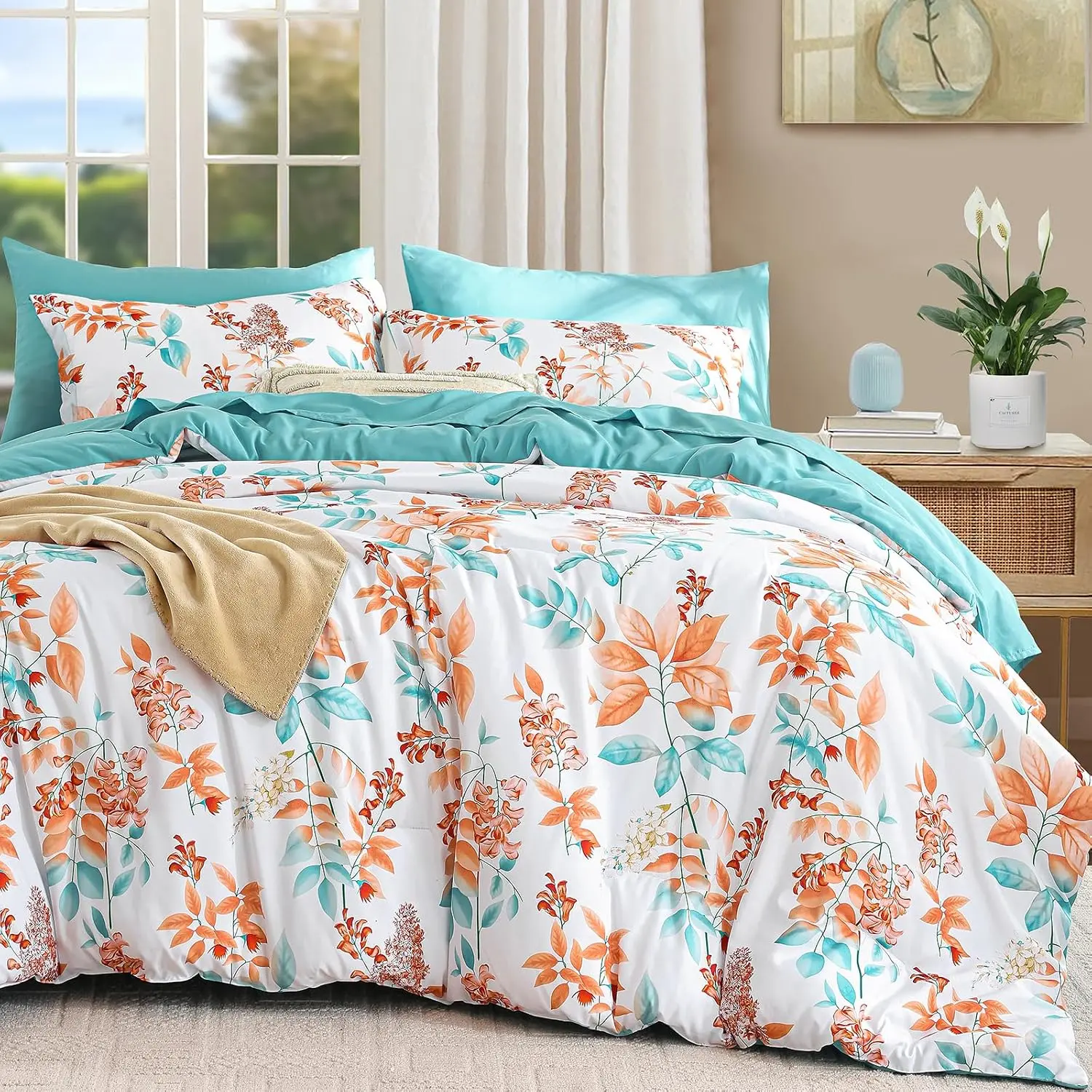 Comforter Set- 7 count Floral Comforter Bed in A Bag,Coral Botanical Comforter Set with Pillowcases,Soft Microfiber Complete Bedding Sets for