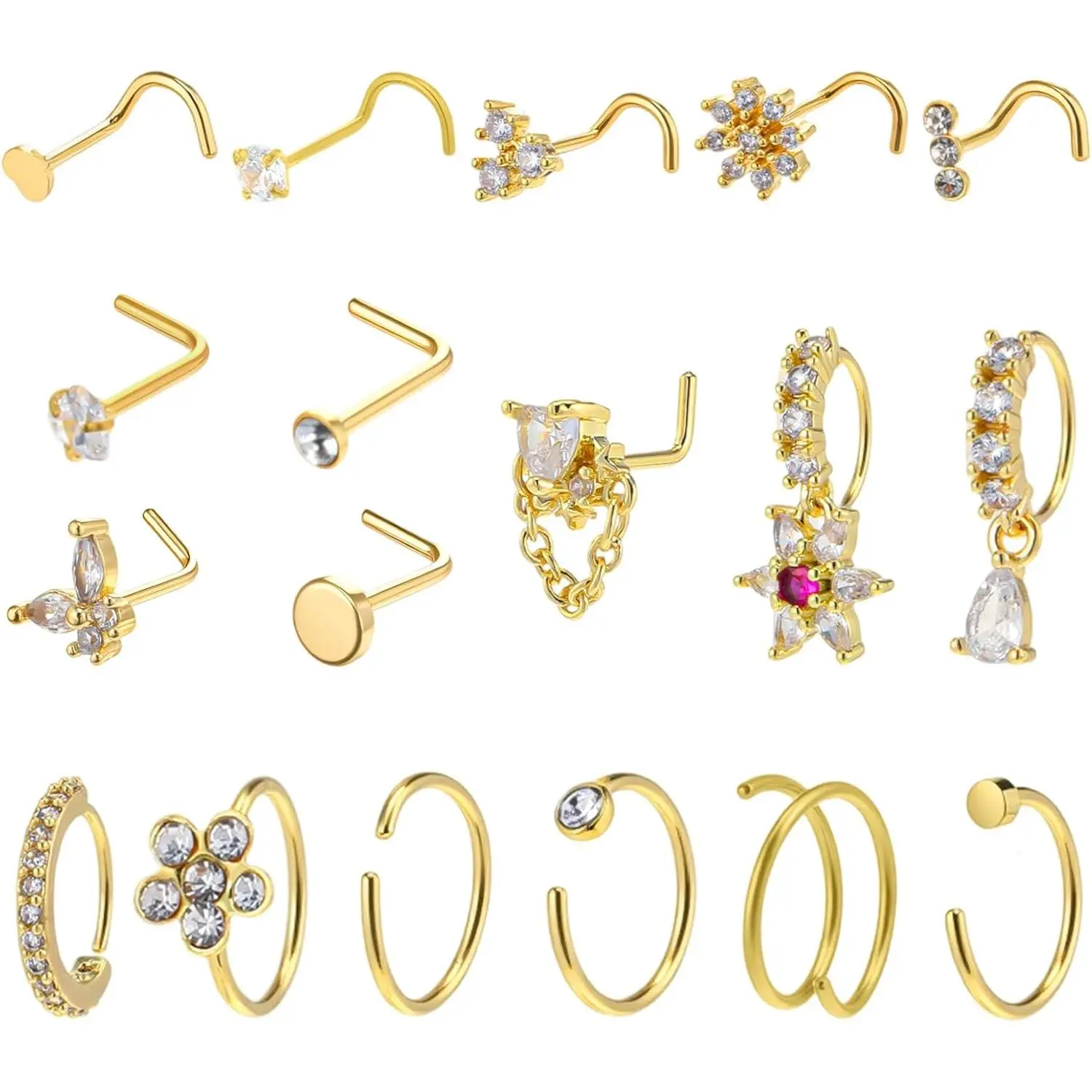 18 count  Nose Rings for Women, 20G Stainless Steel Nose Rings Hoops L Shaped Nose Studs Dangle Nose Ring Corkscrew Heart Butterfly Flower CZ Daith Tragus