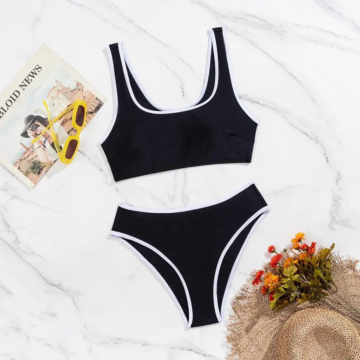 Women's 2-Piece Athletic Bikini Swimsuit - Solid Black with White Edge Contrast, for Beach Sports & Outdoor Activities, 2-piece bikinis set, Contrast Color Bikinis Set