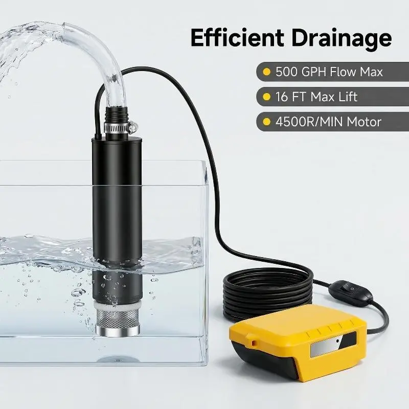 Portable submersible pump compatible with DeWay 20V batteries, high flow rate of 500 gallons/hour, suitable for camping, RV, garden, pond, and construction site drainage (batteries not included).