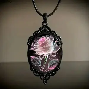 2026 New Blush Pink Transparent Petal Rose Pattern Glass Pendant Necklace for Women, Women's Jewelry, Artistic Necklaces, Ideal Womens Gifts