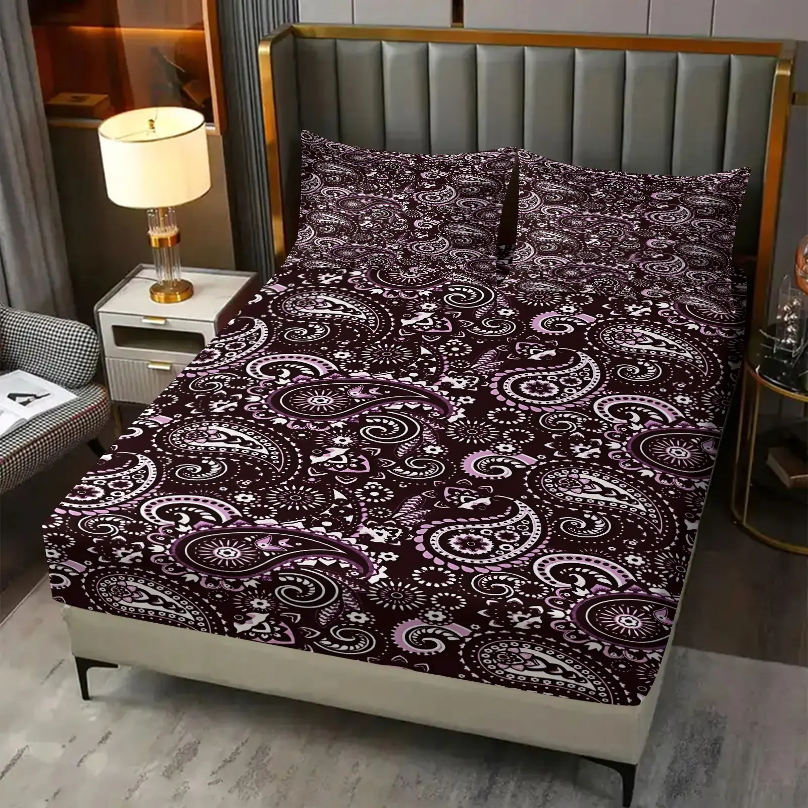 Rich Dark Purple Paisley Swirl Ornamental Floral Motif 3 Piece Fitted Sheet Set, Whimsical Bedding Set, Bedsheets, High‑Definition Digital Printing, (No Filling, 1 Fitted Sheet, 2 Pillowcases), Artistic Bed Cover for Studio, Camper