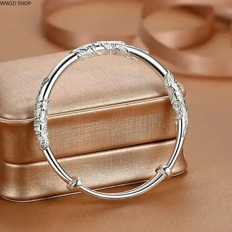 Women's 925 Sterling Silver Floral Motif Bangle - Adjustable, Lightweight Bracelet with Solid Texture for Daily Wear, Party Outfits