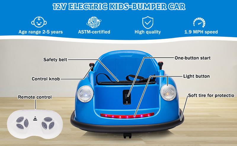 GARVEE Ride On Electric Bumper Car  & Toddlers, 12V Battery Car  W/Parent Remote, Led Lights, 2-Speed, 360°Spin - Blue