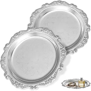 Silver Serving Tray, 2pcs 9.8in Vintage Round Silver Platter, Decorative Metal Jewelry Plates, Floral Engravedjewelry Tray for Dessert & Fruit Display for Wedding, Home Decor, Entertaining Party