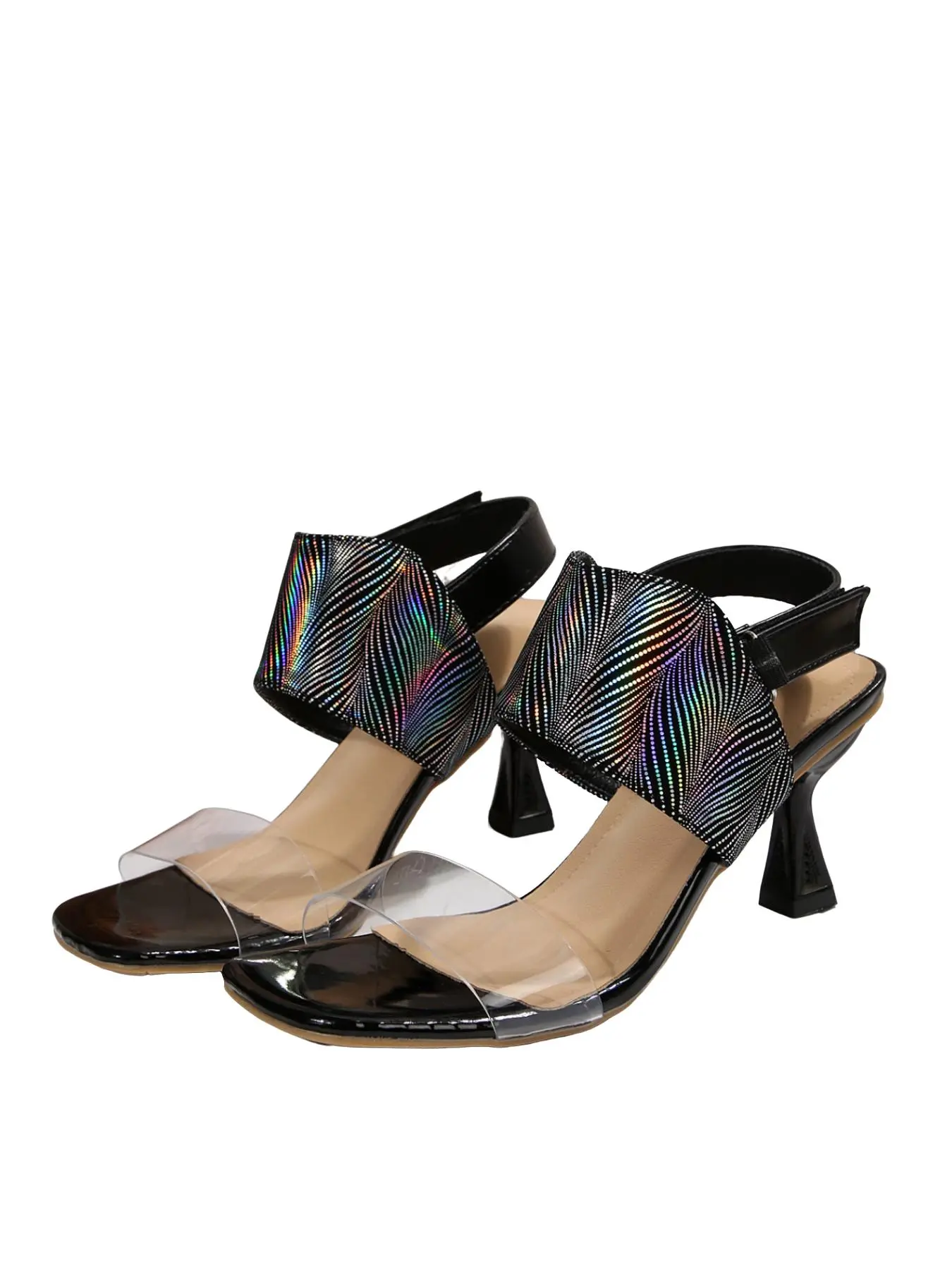 Women's Holographic Transparent Strap Backless High Heel Sandals, Square Toe Bell Heel Dress Sandals, Fashion PU Rubber Sole