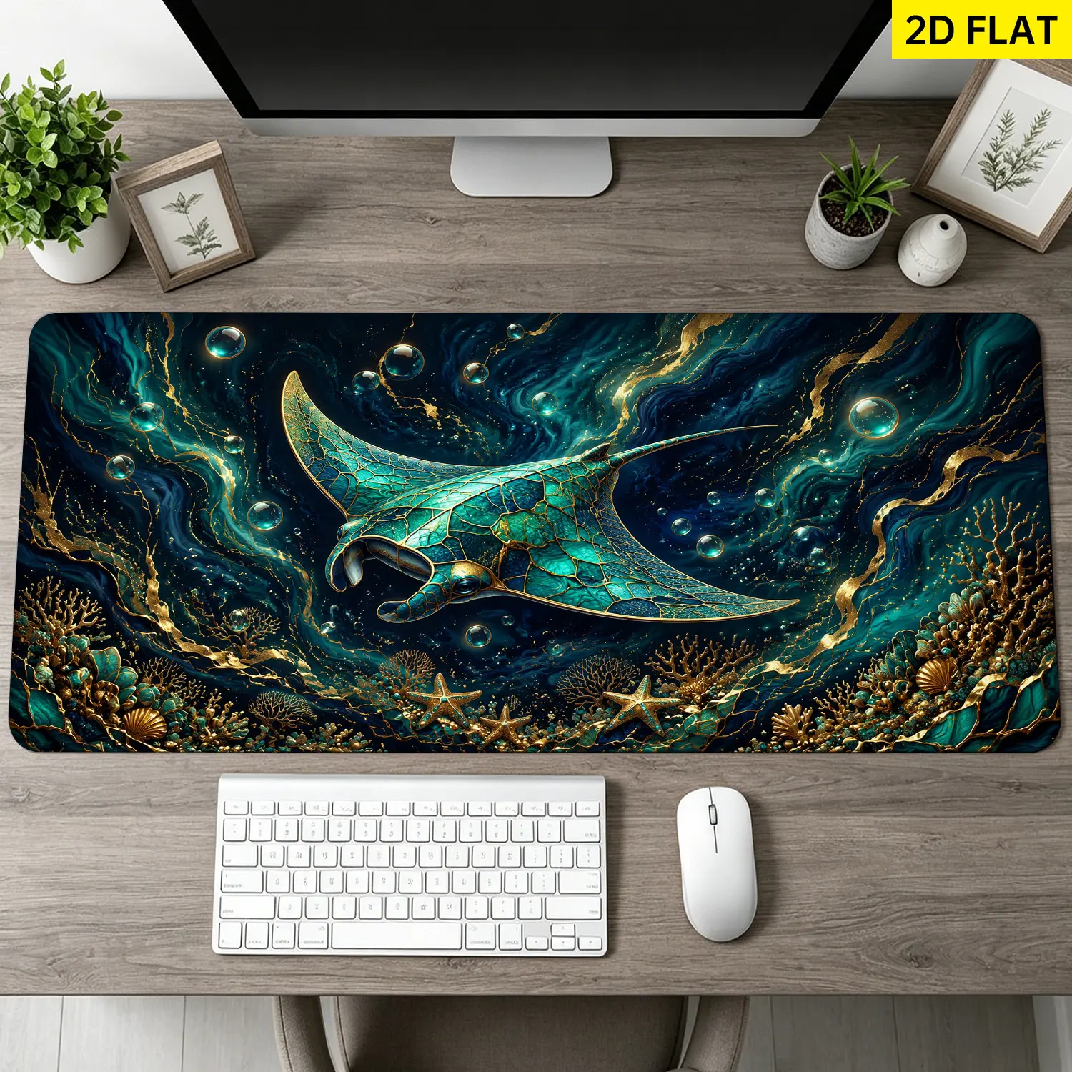 Extra Large teal and gold manta ray ocean art Mouse Pad,Non Slip Rubber Pad,Desktop Decoration Drotection Pad,Washable,Lock Edge Multi Size,Premium Multipurpose Mousepad For Office,Study,Gift for Family and Friends