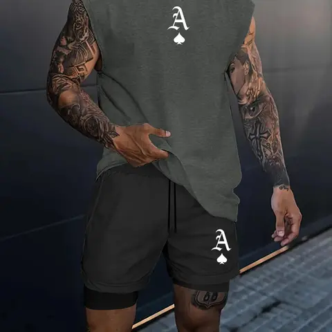 Men's Letter Print Tank Top & Shorts Two-piece Set, Regular Fit Casual Street Round Neck Sleeveless Top & Shorts, Men's Two-piece Outfits for All Seasons, Sports Wear Set, Sportswear For Summer, Casual Athletic Wear
