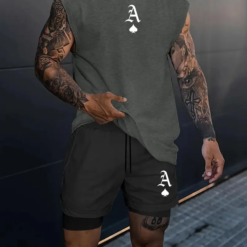 Men's Letter Print Tank Top & Shorts Two-piece Set, Regular Fit Casual Street Round Neck Sleeveless Top & Shorts, Men's Two-piece Outfits for All Seasons, Sports Wear Set, Sportswear For Summer, Casual Athletic Wear