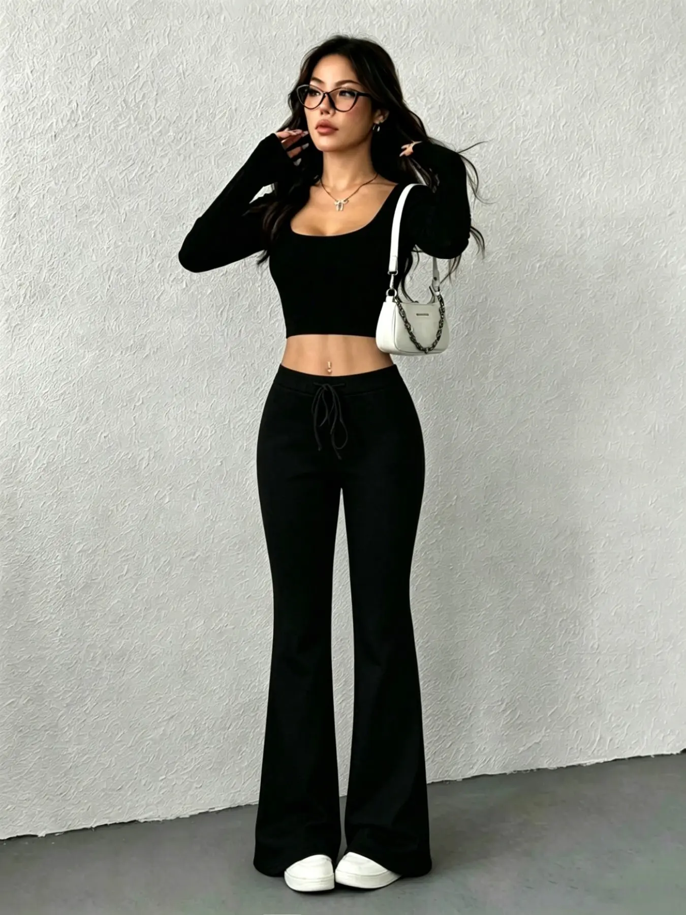 Casual Sweatpants for Women, Micro Flare Pockets Drawstring Low Waist Yoga Pants, Fitted Long Regular Fit All Season, Street Style Sweatpants